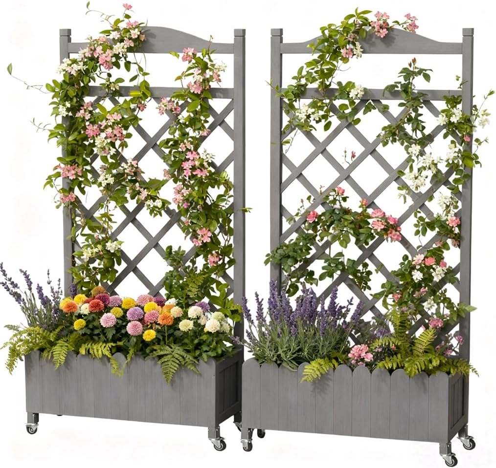 COMHOMA 2 Pack Planter Box with Trellis and Wheels, 48In Elevated Raised Garden Bed, Drainage Holes, Outdoor Lattice for Climbing Flowers, Vegetables, Patio Balcony, Gray