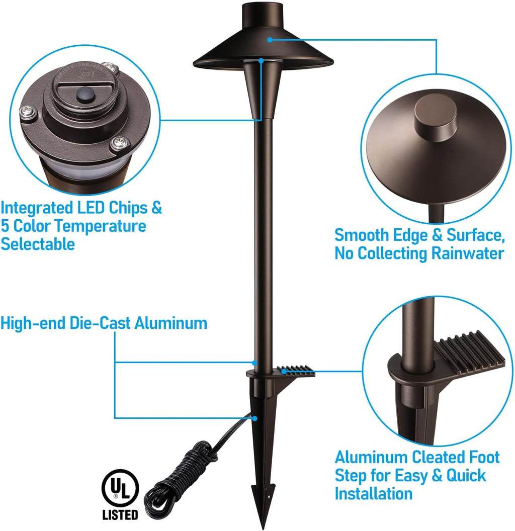 LEONLITE Update 5CCT Low Voltage Pathway Lights, LED Landscape Path Lights, 1800/2700/3000/4000/5000K, Hat Shape Head, 12-24V AC/DC, IP65 Outdoor Walkway Light, Oil Rubbed Bronze Aluminum, Pack of 6