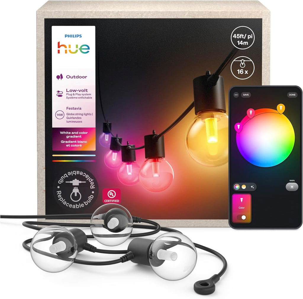 Philips Hue Festavia Globe Outdoor String Lights, White & Color Ambiance, 45ft,16 Bulbs, Dimmable, Control with Hue App or Voice, Bridge Required