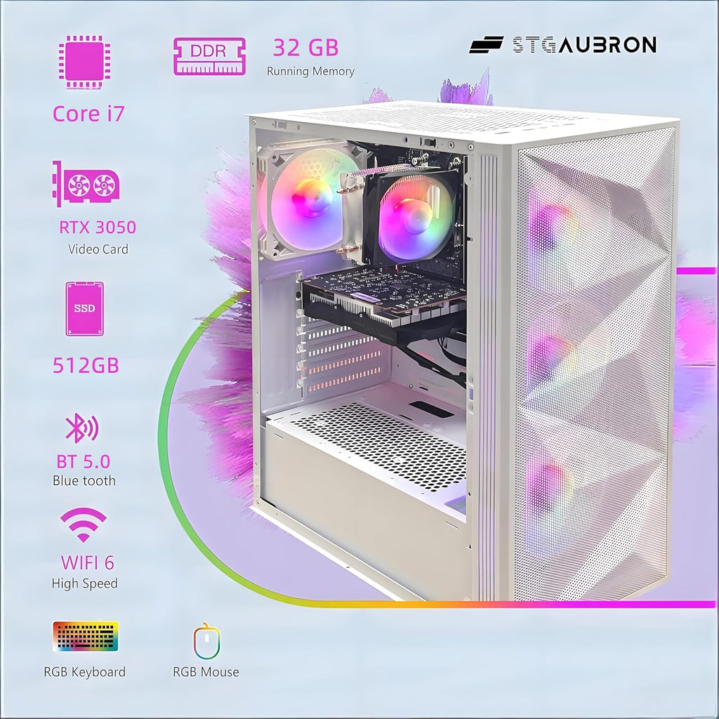STGAubron Gaming PC Desktop Computer, Intel Core i7 up to 3.9G, GeForce RTX 3050 6G, 32GB RAM, 512GB SSD, WiFi 6, BT 5.0, RGB Fan x 4, Windows 11 Home, White