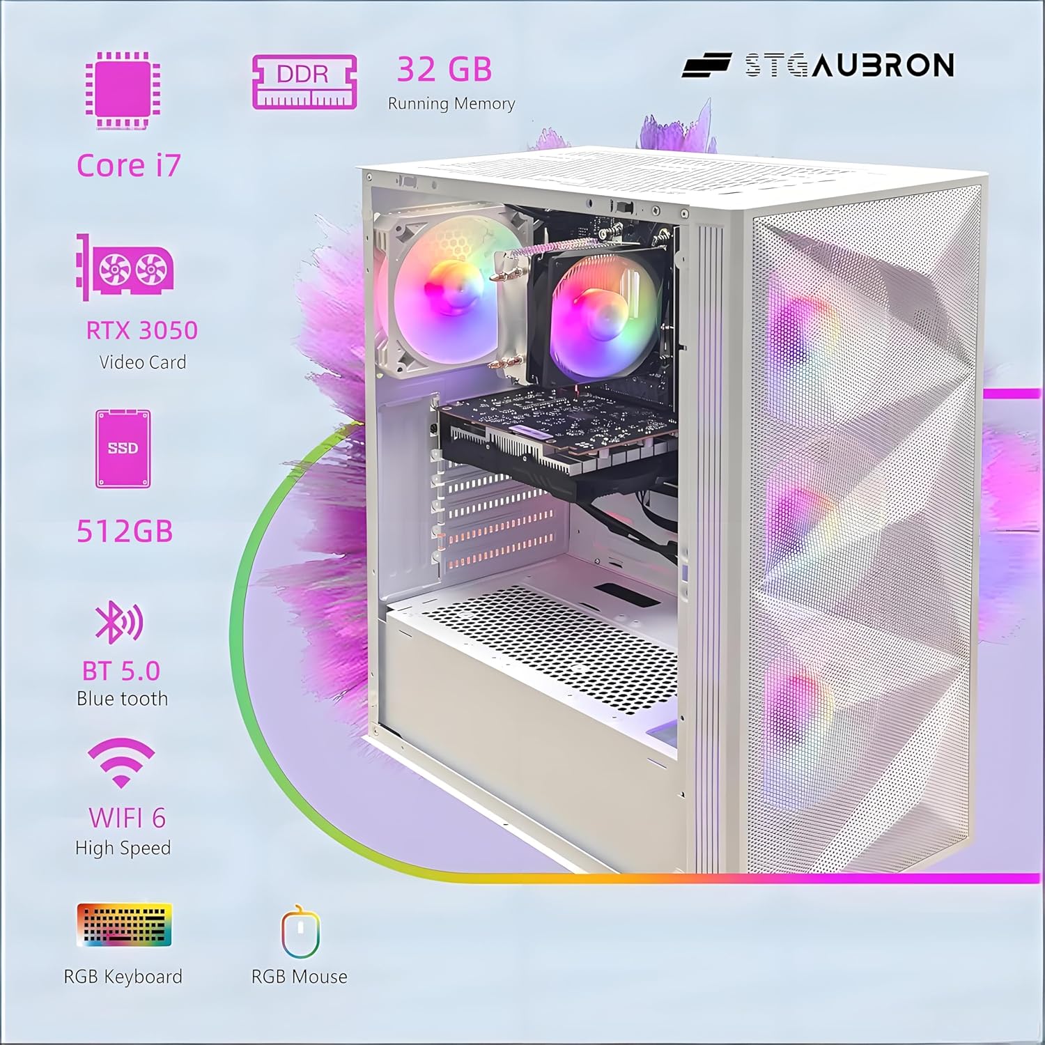 STGAubron Gaming PC Desktop Computer, Intel Core i7 up to 3.9G, GeForce RTX 3050 6G, 32GB RAM, 512GB SSD, WiFi 6, BT 5.0, RGB Fan x 4, Windows 11 Home, White