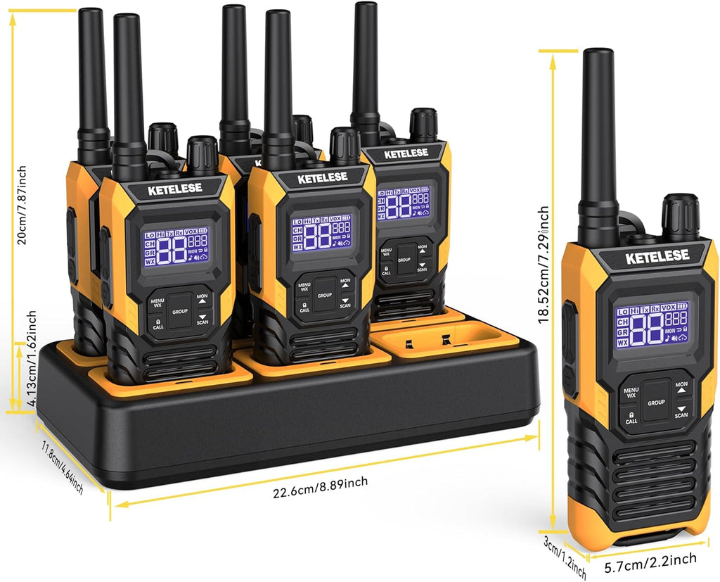 KETELESE T4 Waterproof Radios Walkie Talkies 6 Pack, IP67 FRS Two Way Radio with Headsets and Charging Base, NOAA Weather Alert,PTT,Group,VOX