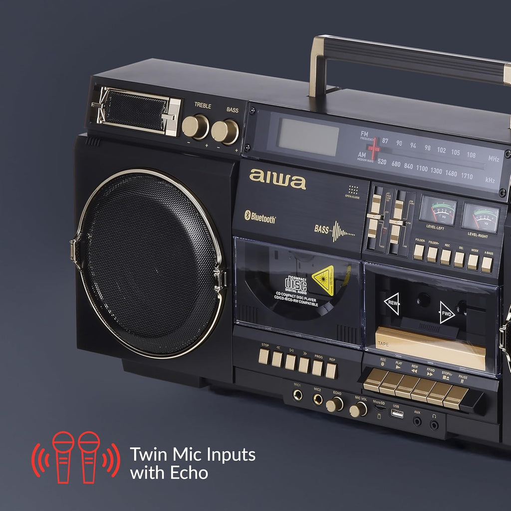 aiwa Retro Boombox BackTrack CD Player with Cassette Recording, Bluetooth 5.0, FM/AM Radio, USB/SD/AUX Inputs, VU Meters, LCD Display, Dual 40W Speakers (Black and Gold)