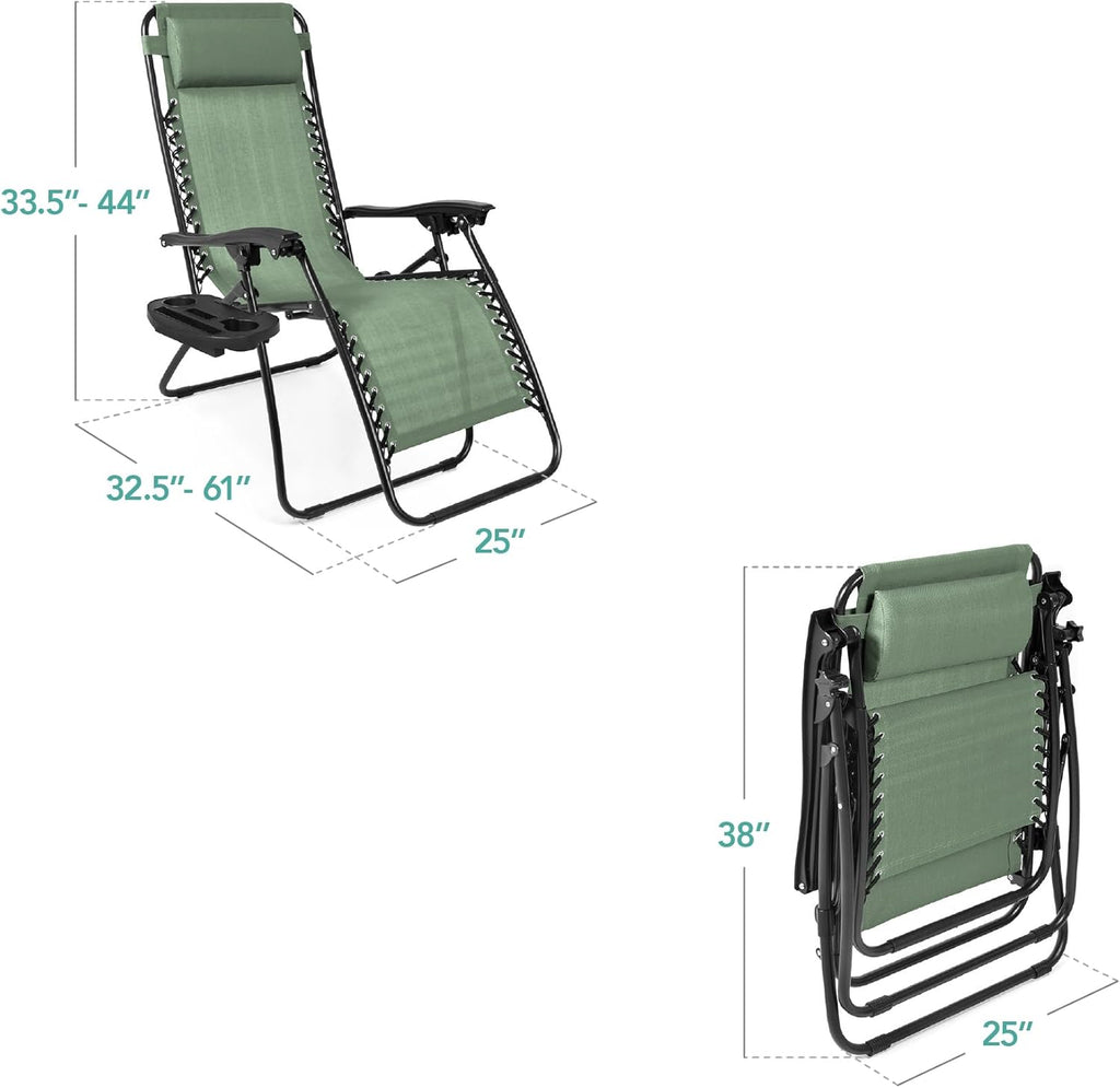 Best Choice Products Set of 2 Adjustable Steel Mesh Zero Gravity Lounge Chair Recliners w/Pillows and Cup Holder Trays - Sage Green