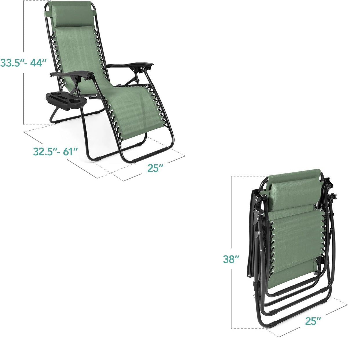Best Choice Products Set of 2 Adjustable Steel Mesh Zero Gravity Lounge Chair Recliners w/Pillows and Cup Holder Trays - Sage Green