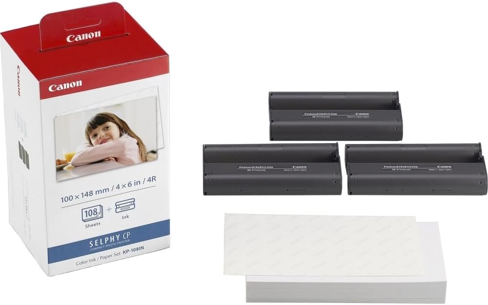 Canon SELPHY CP1500 Compact Photo Printer | Black with 2 x KP-108IN Color Ink and Paper Set (3 Items)