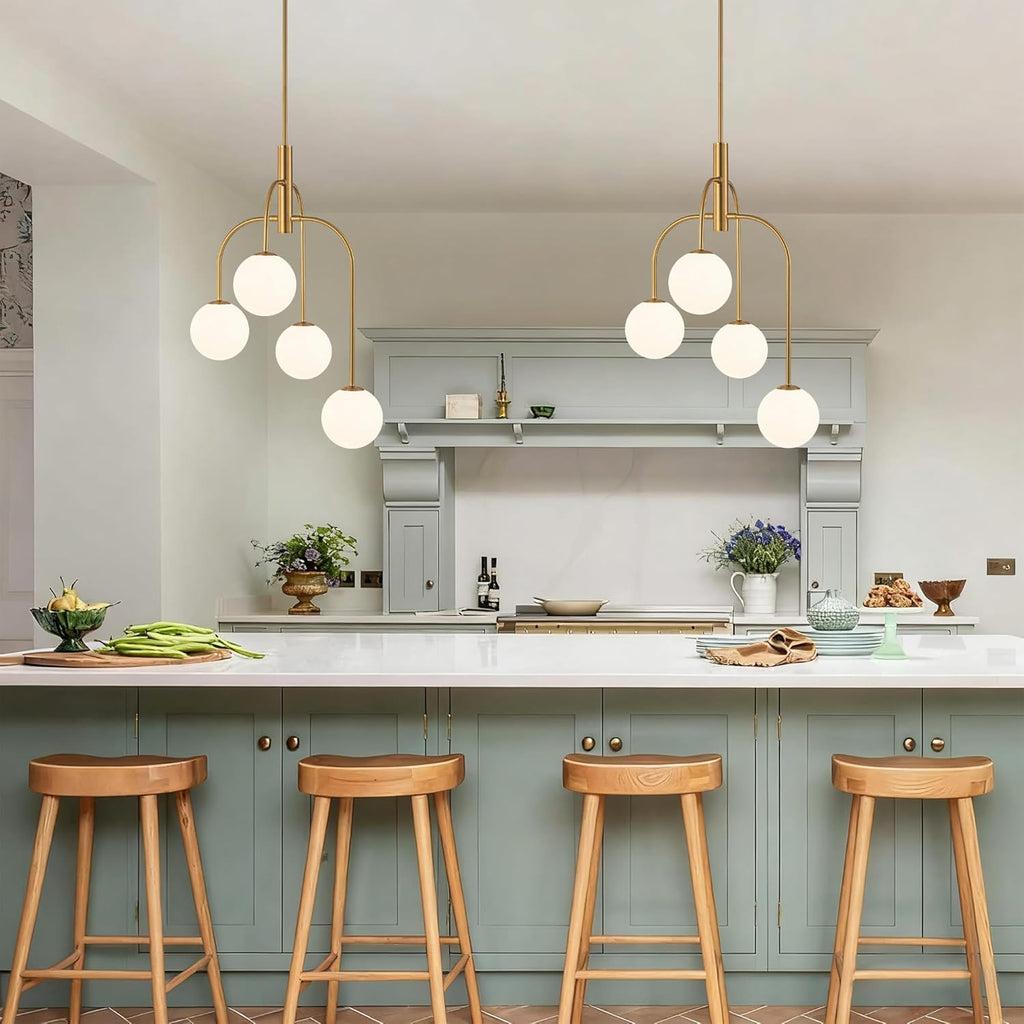 LamQee 4 Lights Mid Century Modern Chandelier, Milk Glass Globe Chandelier Light Fixture with Gold Metal & White Ball, Large Pendant Lighting Ceiling Hanging for Dining Room Kitchen Island Entryway