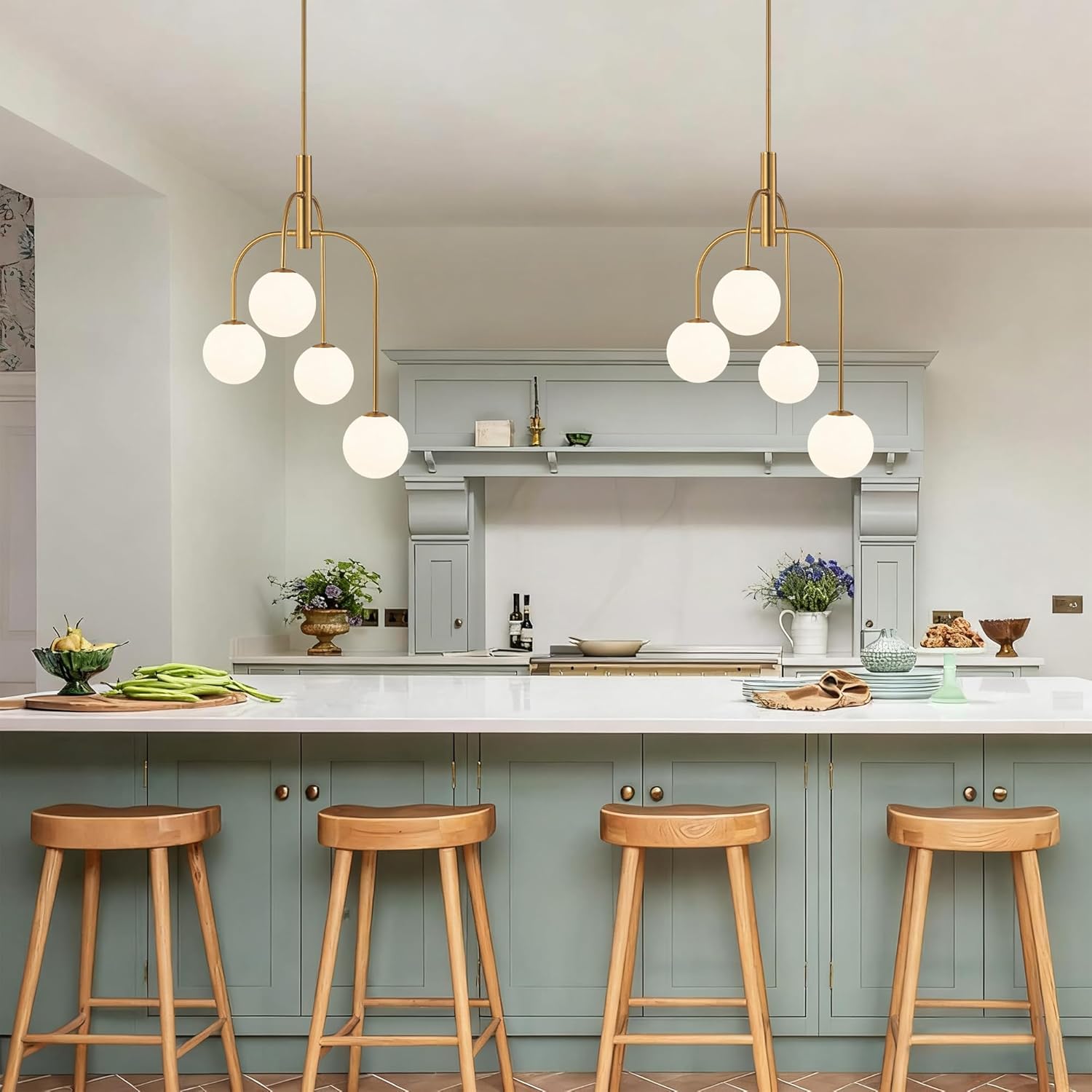 LamQee 4 Lights Mid Century Modern Chandelier, Milk Glass Globe Chandelier Light Fixture with Gold Metal & White Ball, Large Pendant Lighting Ceiling Hanging for Dining Room Kitchen Island Entryway