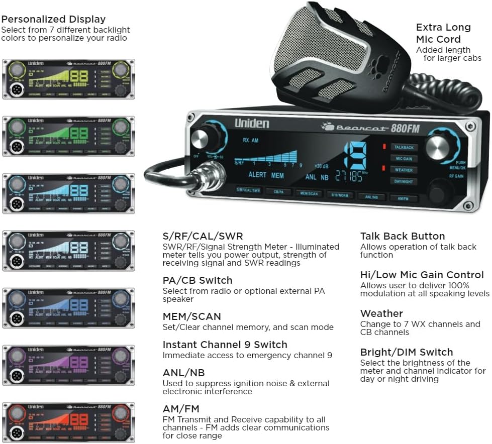 Uniden Bearcat 880FM CB Radio, 40 Channels with Dual-Mode AM/FM, Large Easy-to-Read Backlit 7-Color LCD Display, Backlit Knobs/Buttons, NOAA Weather Alert, PA/CB Switch, and Wireless Mic Compatible