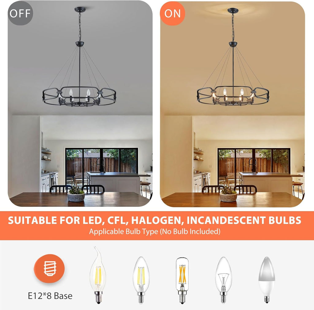 31" Industrial Chandeliers for Dining Room Large Black Chandelier 8-Light Round Farmhouse Kitchen Pendant Lighting Fixture for Entryway, Living Room, Bedroom, Foyer, Office