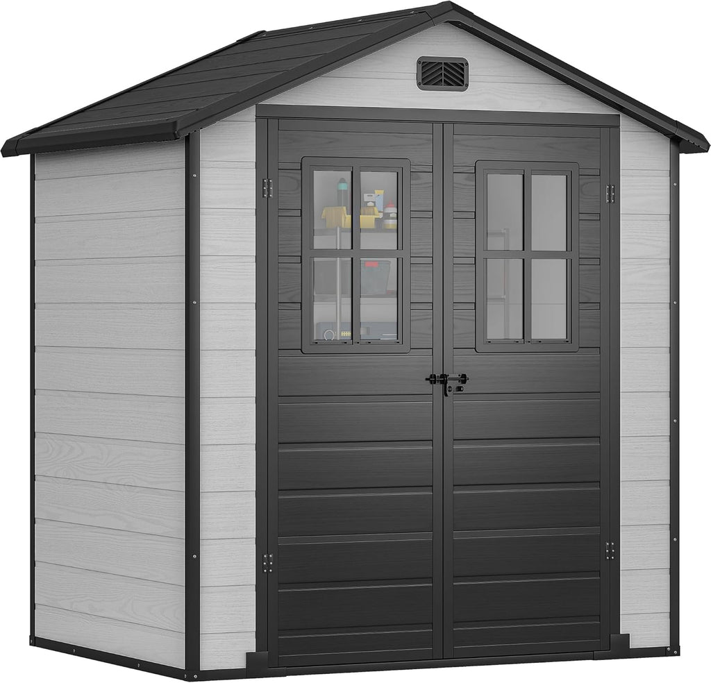 DWVO 6x4.4 FT Outdoor Storage Shed, Plastic Garden Tool Shed with 2 Windows, Double-Wall Outside Shed for Lawn Mower, Garden Shed for Backyard, Patio, Lawn