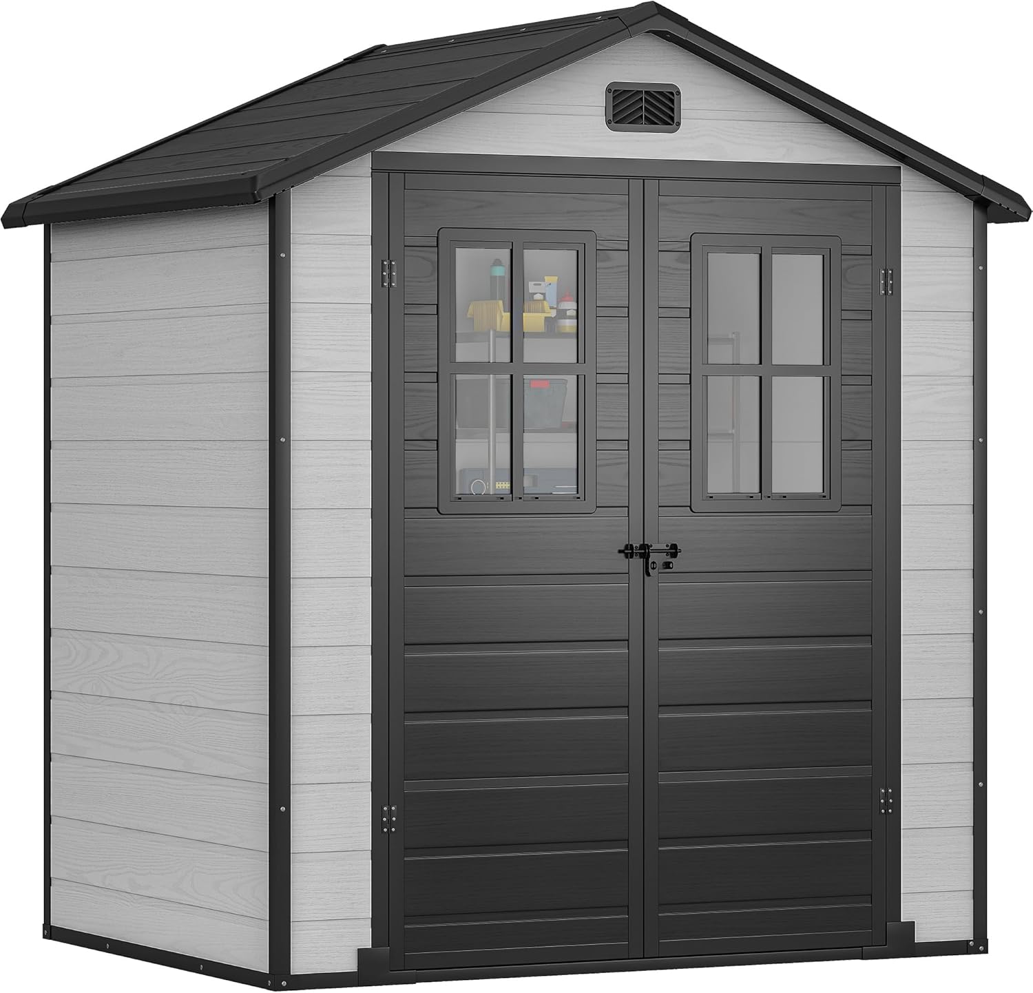 DWVO 6x4.4 FT Outdoor Storage Shed, Plastic Garden Tool Shed with 2 Windows, Double-Wall Outside Shed for Lawn Mower, Garden Shed for Backyard, Patio, Lawn