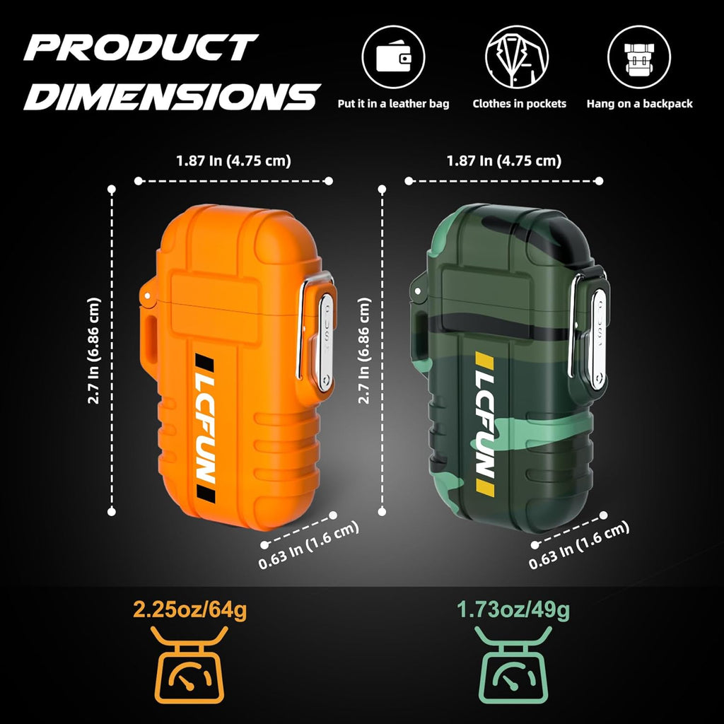LcFun 2 Pack Waterproof Outdoor Lighter Windproof Torch Lighters Butane Refillable USB Rechargeable Electric Dual Arc Plasma Lighter Hiking Camping Essentials Hunting Survival Tactical Gear Gadgets