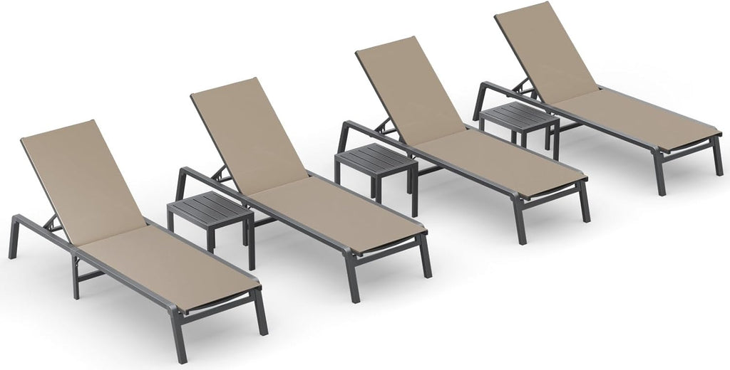 Ciokea Aluminum Foldable Lounge Chairs Set of 4 with 3 Outdoor Aluminum Side Table, Perfect Match, Suitable for Courtyard, Balcony, Lawn and Other Scenes, Khaki