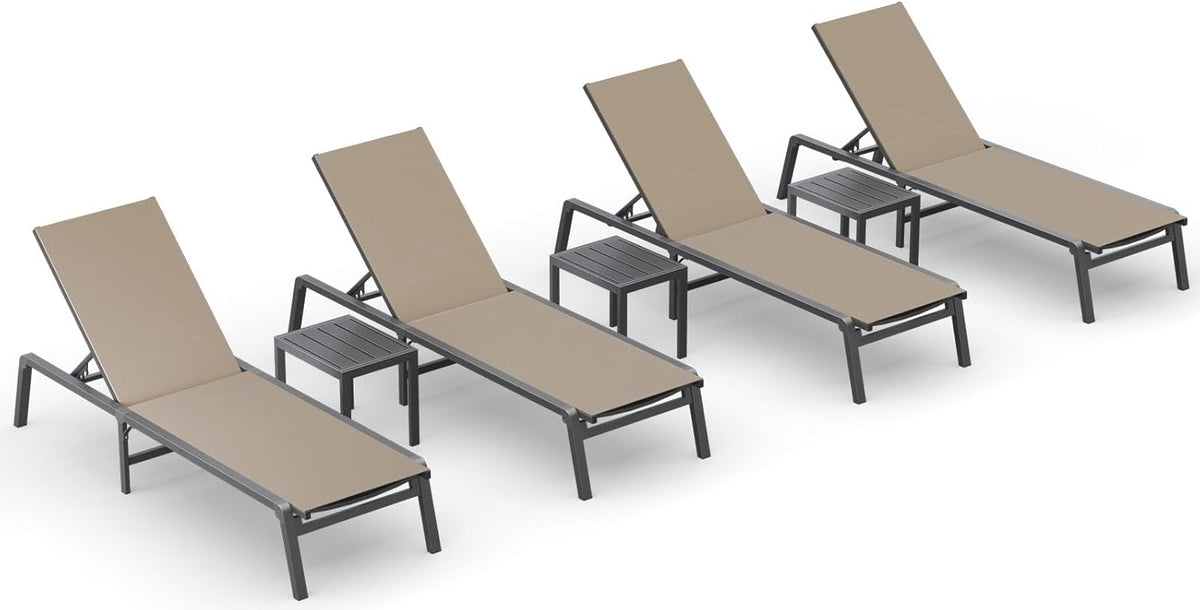 Ciokea Aluminum Foldable Lounge Chairs Set of 4 with 3 Outdoor Aluminum Side Table, Perfect Match, Suitable for Courtyard, Balcony, Lawn and Other Scenes, Khaki