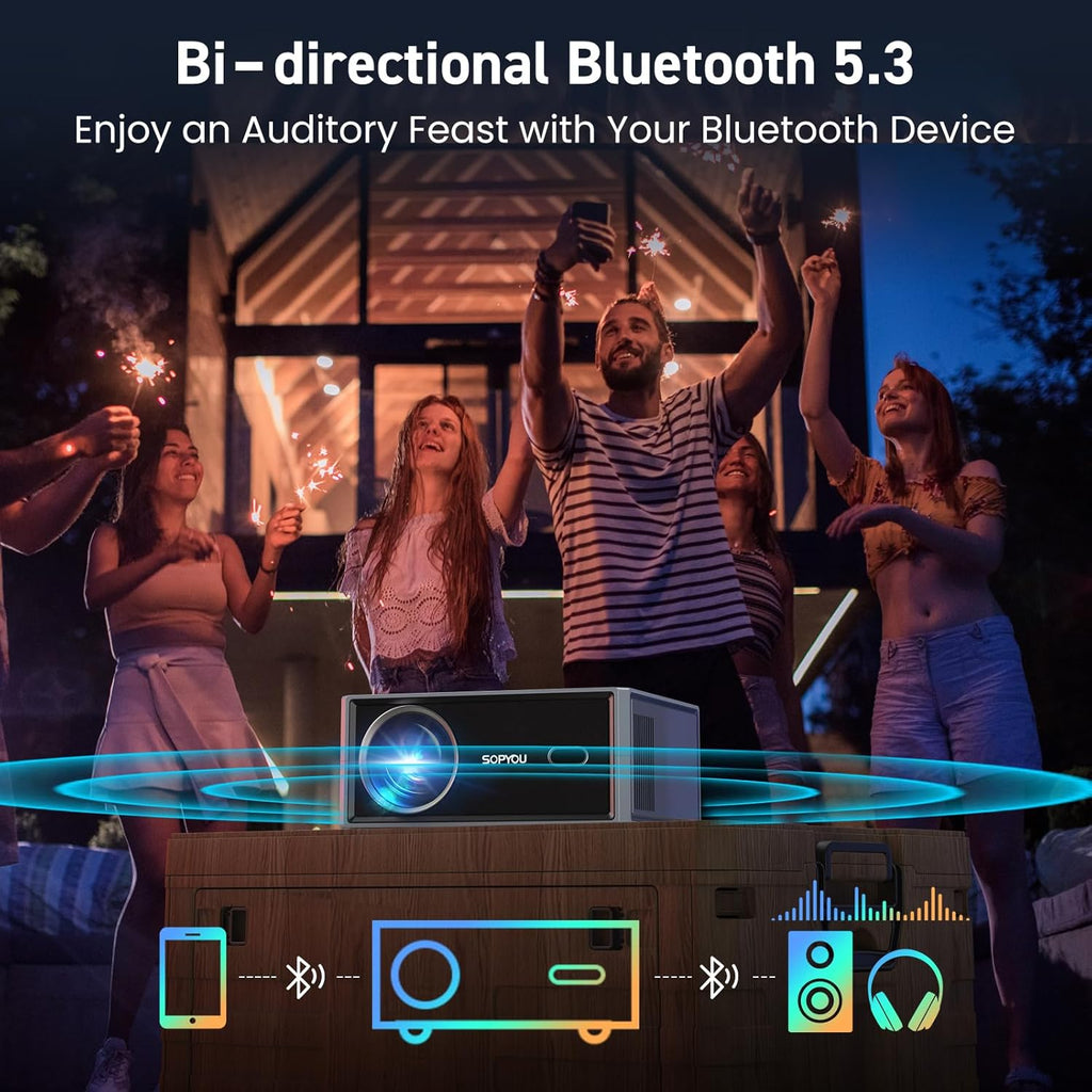 Short Throw/2500 ANSI/E-Focus SOPYOU 4K Decoding Projector with WiFi and Bluetooth, Outdoor Movie Projectors, Max 450" Display Home Theater, Portable Smart Proyector for iOS/Android/TV Stick/PS5