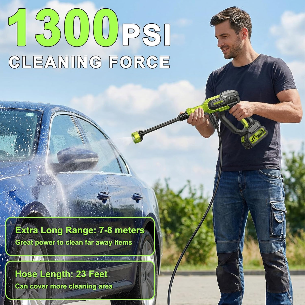 Cordless Portable Washer, Handheld Washer with 3 Adjustable Modes, 23FT High-Elastic Hose & 6-in-1 Nozzle, Suitable for Car, Garden, Patio and Home Cleaning