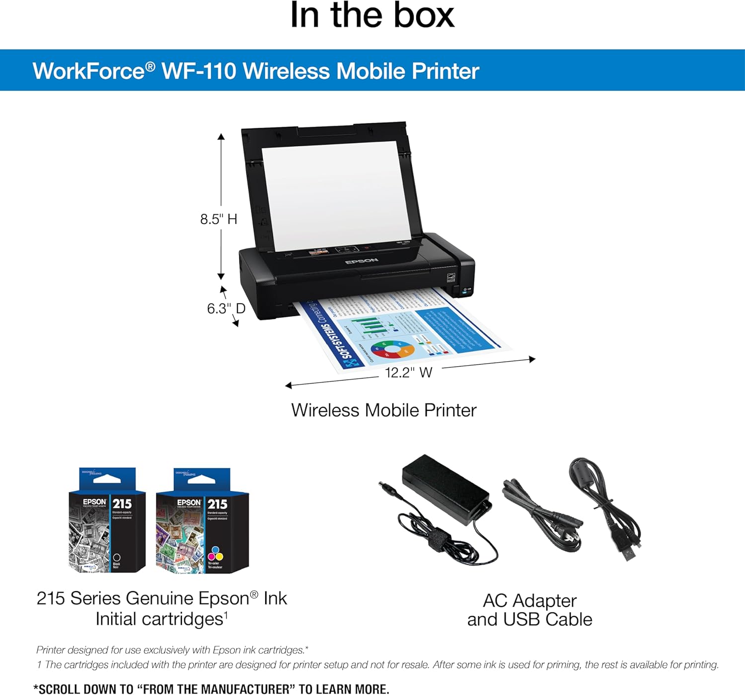Epson Workforce WF-110 Wireless Color Mobile Printer,White, Small,Black