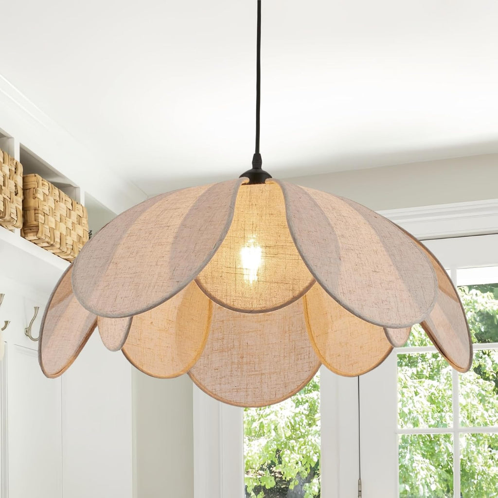 Large Linen Chandelier Fixture, 22in Boho Chandelier Light Fixture, Woven Coastal Rattan Chandelier Fixture, Wicker Hanging Pendant Lights for Dining Room, Kitchen Island, Living Room, Bedroom