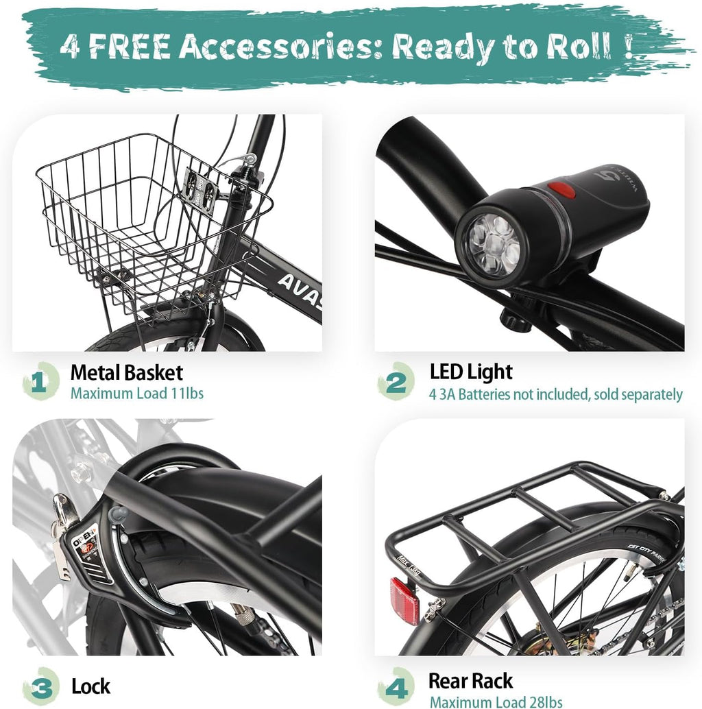 AVASTA Quartet 20 24 Inch Folding Bike with 7-Speed, Dual C-Brake, Fender, Rear Rack and Bicycle Basket, Mutiple Colors