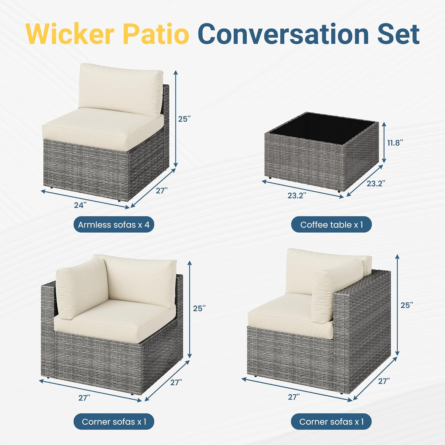 Wisteria Lane 7 Pieces Outdoor Patio Furniture Set, Wicker Outdoor Patio Sectional Sofas with Coffee Table, All-Weather Patio Conversation Set for Garden Backyard, Beige