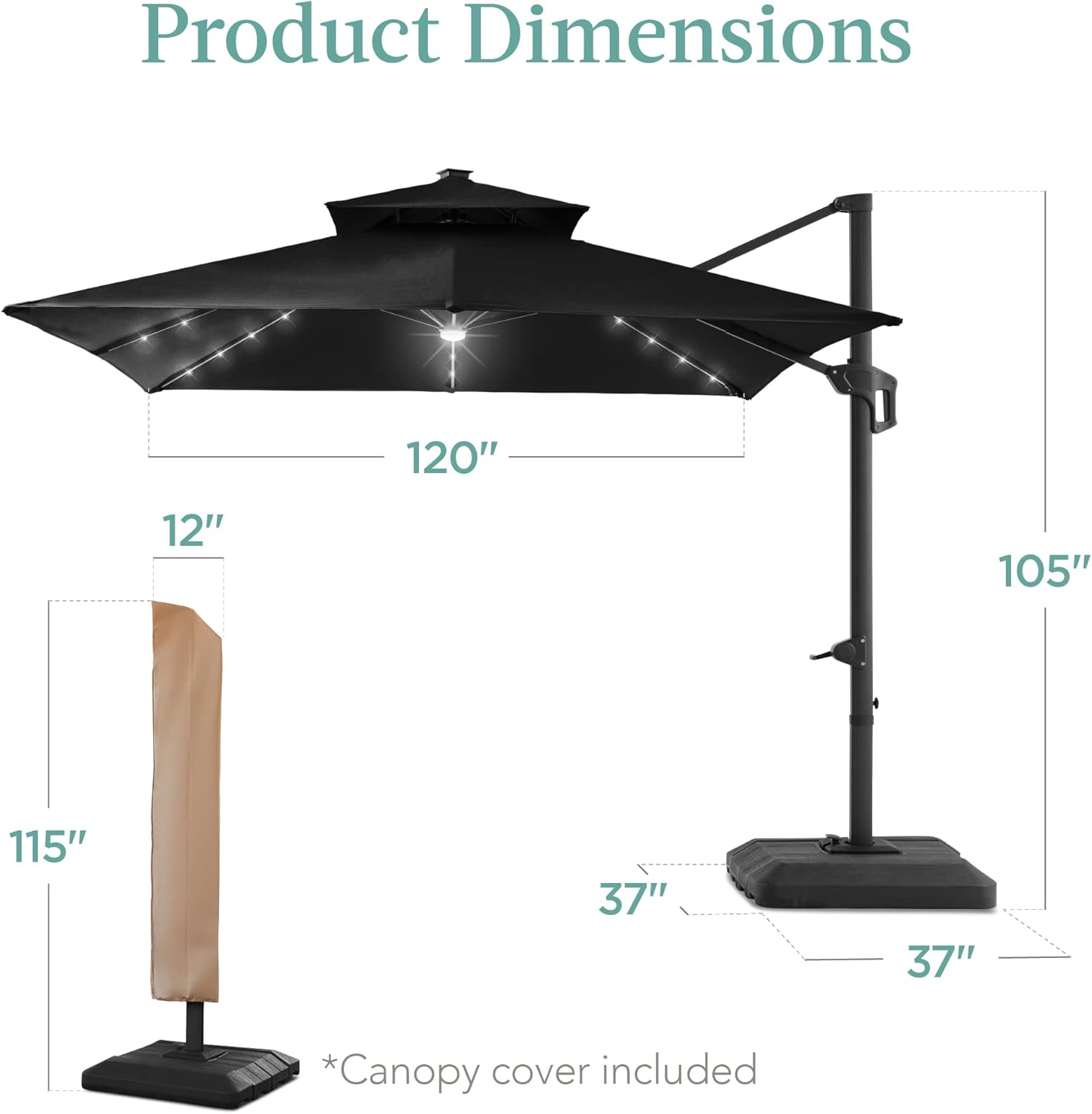 Best Choice Products 10x10ft Cantilever Patio Umbrella w/Base Included, Solar LED Lights 360 Rotation Large Offset Hanging Outdoor Shade for Deck Pool Backyard w/Stand – Black