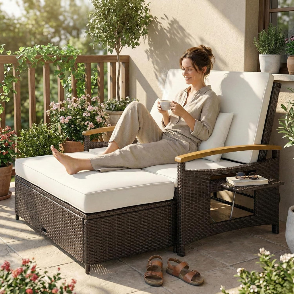 Outsunny Rattan Outdoor Daybed, PE Wicker Patio Loveseat with Storage Ottoman, 4-Level Adjustable Back, Folding Side Trays, Acacia Wood Armrest, Double Sun Lounger with Cushions, Pillows, Beige