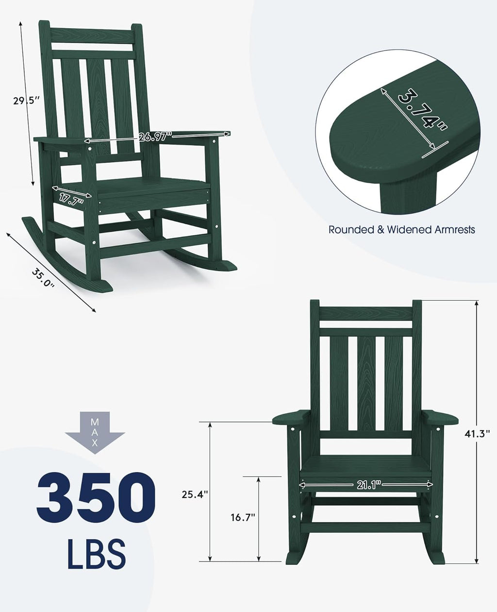 KINGYES Oversized Outdoor Rocking Chair Set of 2, All-Weather Patio Rocking Chairs for Porch, HDPE Outdoor Patio Recliner Rockers with High Back & Wide Seat for Garden, Lawn, Green