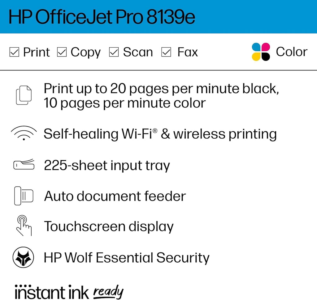 HP OfficeJet Pro 8139e Wireless All-in-One Color Inkjet Printer, Print, scan, Copy, fax, ADF, Duplex Printing Best-for-Home Office, 1 Year of Instant Ink Included (Renewed)