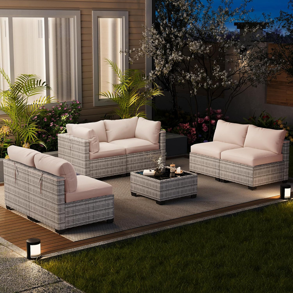 LOUVIXA 7 Piece Outdoor Patio Furniture Set, Outdoor Sectional Sofa, Wicker Rattan Patio Furniture, Patio Conversation Set with Coffee Table & Cushions
