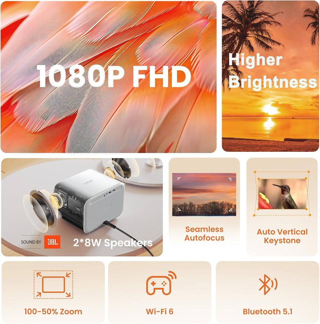 Sound by JBL&Seamless Autofocus Yaber 1080P Projector 4K Support with WiFi 6 and Bluetooth, Portable Outdoor Movie Projector, Home Theater Projector for iPhone/TV Stick/HDMI/Laptop/PS5-White