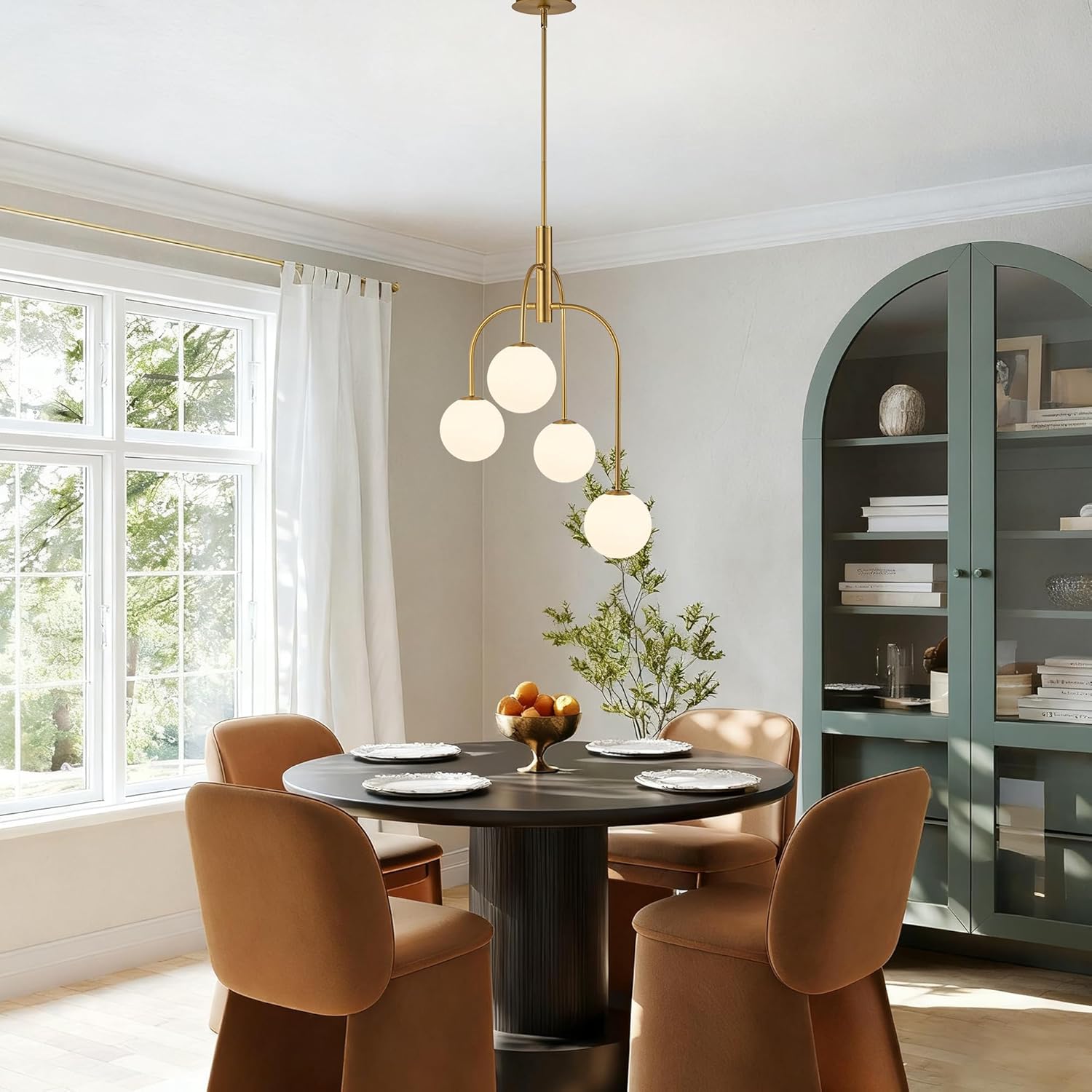 LamQee 4 Lights Mid Century Modern Chandelier, Milk Glass Globe Chandelier Light Fixture with Gold Metal & White Ball, Large Pendant Lighting Ceiling Hanging for Dining Room Kitchen Island Entryway