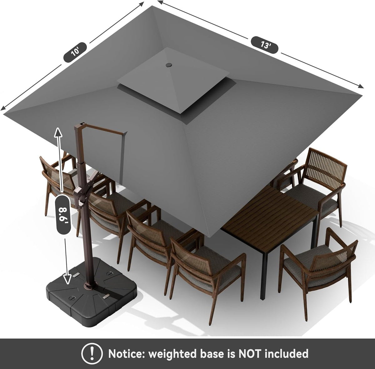 10 X 13 FT Cantilever Outdoor Patio Umbrella with LED Lights Large Heavy Duty 360° Rotation Double Top Offset Rectangular Umbrellas for Backyard Garden Pool Outside Deck, Grey
