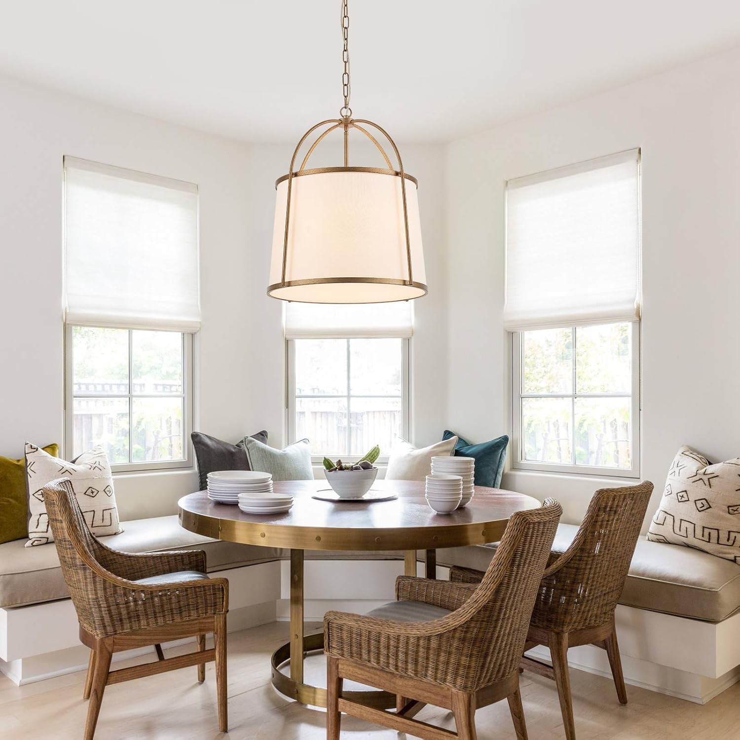 Rustic Modern Chandelier for Entryway, Dining Room Chandelier with Off-White Fabric Shade, Gold Pendant Light Fixture for Bedroom Kitchen Farmhouse