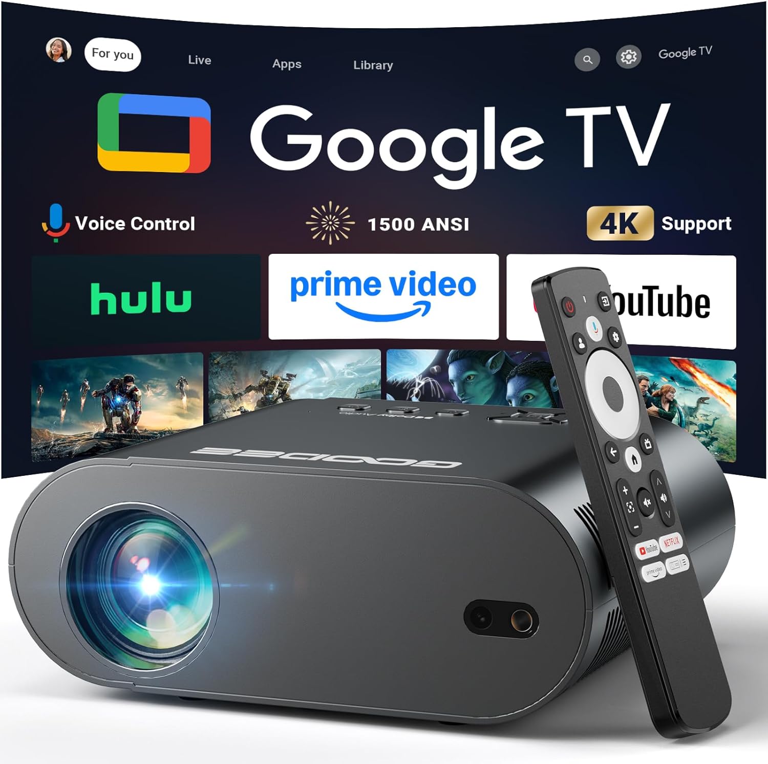 Google TV/Voice ControlGooDee 4K UHD Smart Projector with WiFi and Bluetooth, Portable Movie Projector Applicable to Prime Video,YouTube Built-in, Dolby Sound Home Theater for Indoor/Outdoor