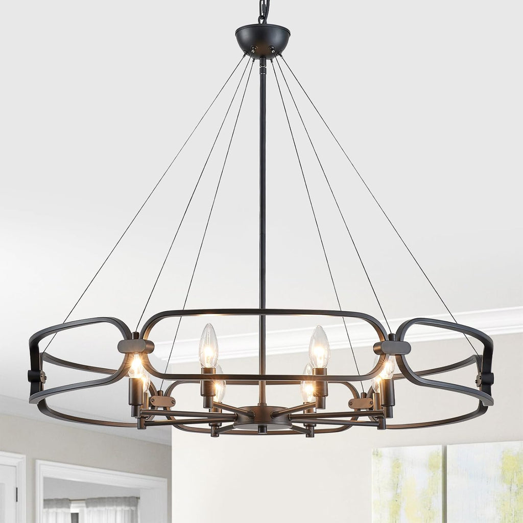 31" Industrial Chandeliers for Dining Room Large Black Chandelier 8-Light Round Farmhouse Kitchen Pendant Lighting Fixture for Entryway, Living Room, Bedroom, Foyer, Office