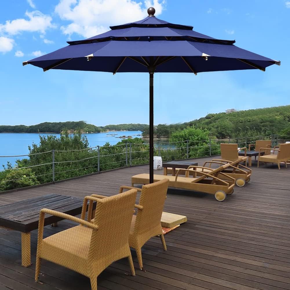 EliteShade USA 10-Year-Non-Fading 11ft 3-Tier Market Patio Umbrella, Commercial Grade Outdoor Table Umbrella with Cylinder Push-Up, Windproof & UPF 50+ UV Protection, Heavy Duty Ventilation for Garden, Deck, Pool, Backyard, Beach & Bistro, Navy Blue