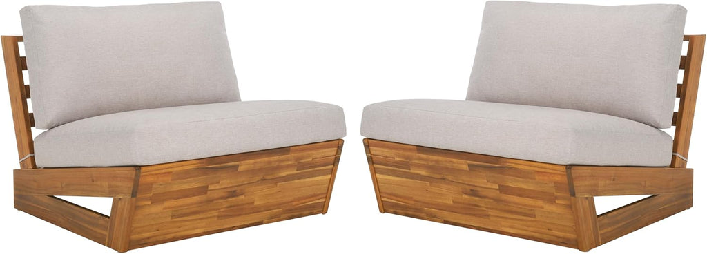 SAFAVIEH Outdoor - Lynn Lounge Chair Set of 2 - Natural & Light Grey - Solid Wood with Cushion - Modern Slatted Lounge Design - Ideal for Patio, Deck, Poolside, Backyard (PAT7328B-SET2)