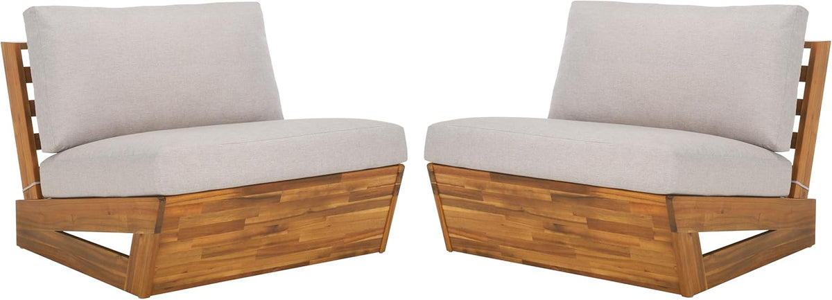 SAFAVIEH Outdoor - Lynn Lounge Chair Set of 2 - Natural & Light Grey - Solid Wood with Cushion - Modern Slatted Lounge Design - Ideal for Patio, Deck, Poolside, Backyard (PAT7328B-SET2)