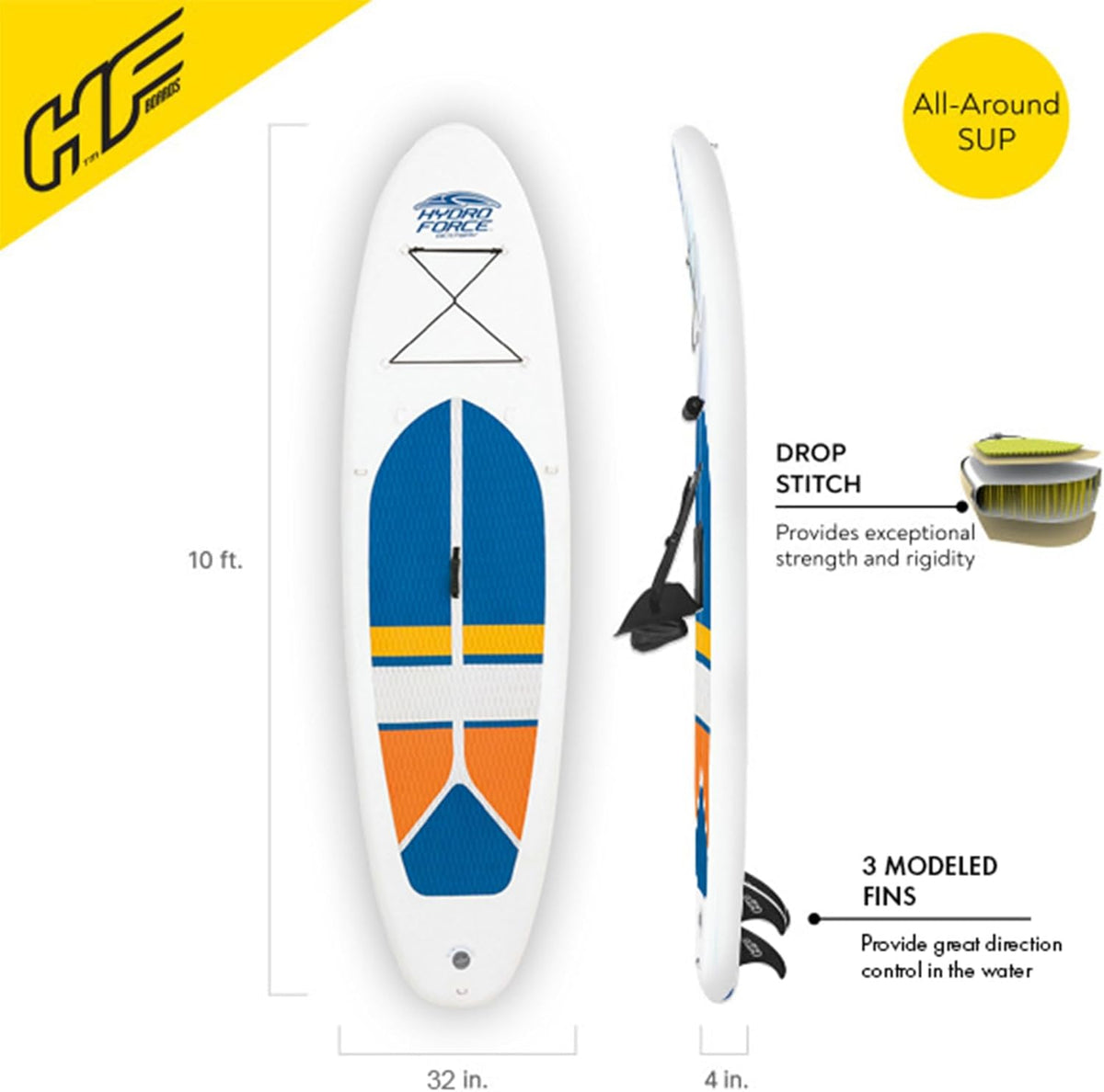 Bestway Hydro-Force White Cap 10' Inflatable Stand Up Paddle Board Kayak Water Set with Aluminum Oar, Hand Pump, and Travel Bag, White