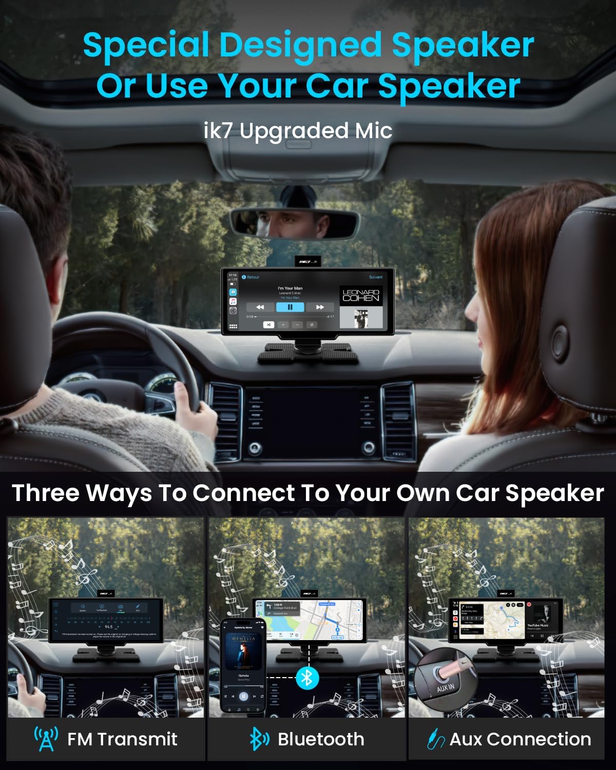 Portable Apple Carplay Screen, 10'' Car Stereo Wireless Car Play & Android Auto Touch Screen, 4K Dash Cam, 1080P Backup Camera, Mirror Link/Voice Control/Music Play/GPS Navigation