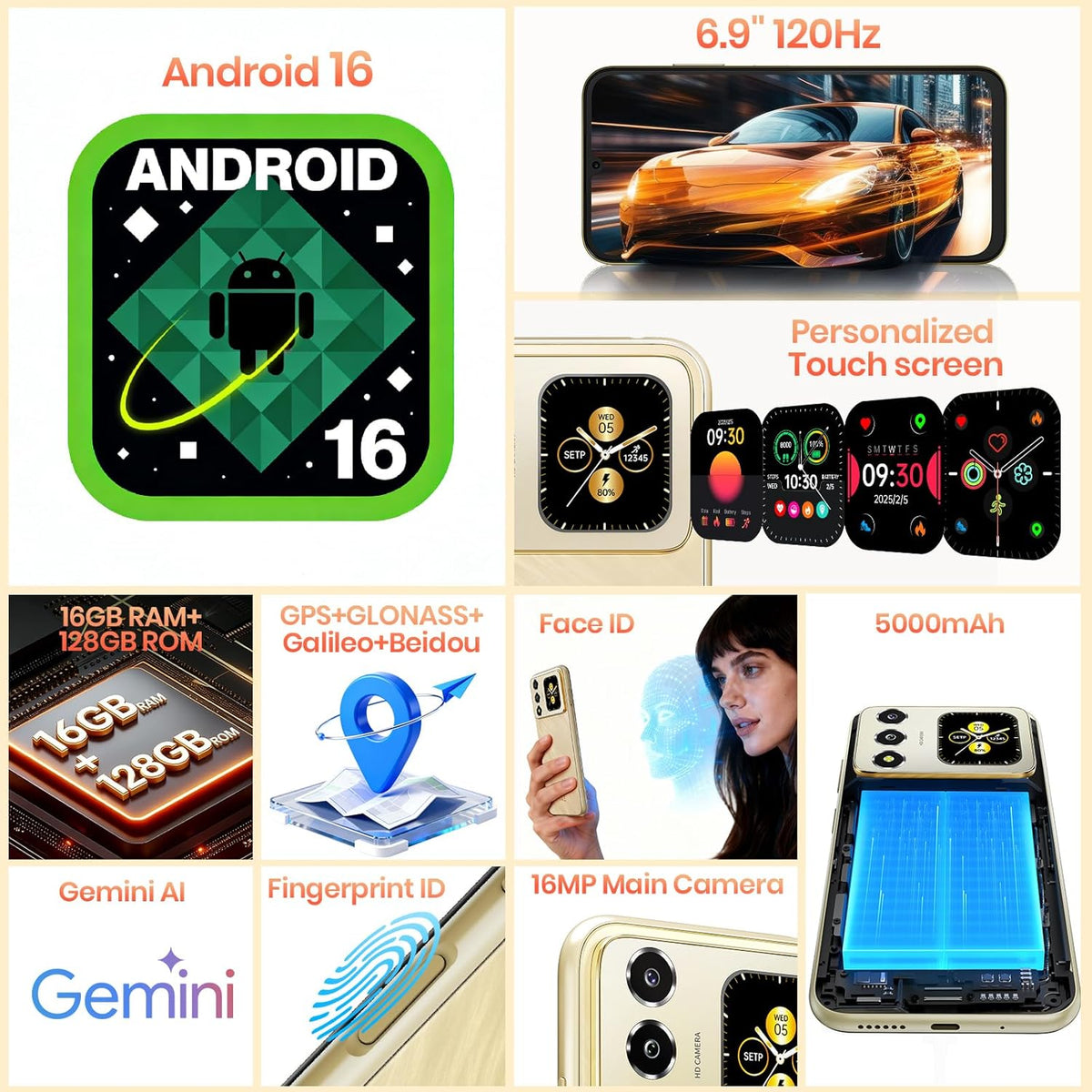 FOSSIBOT S7 Android 16 CellPhones, 16GB+128GB+2TB Unlocked Phone, 6.9" FHD Display 120Hz Dual-Screen Smartphones, 5000mAh Battery 4G Dual Sim Mobile Phone, Gemini Al/GPS/Face ID (2026 Gold)
