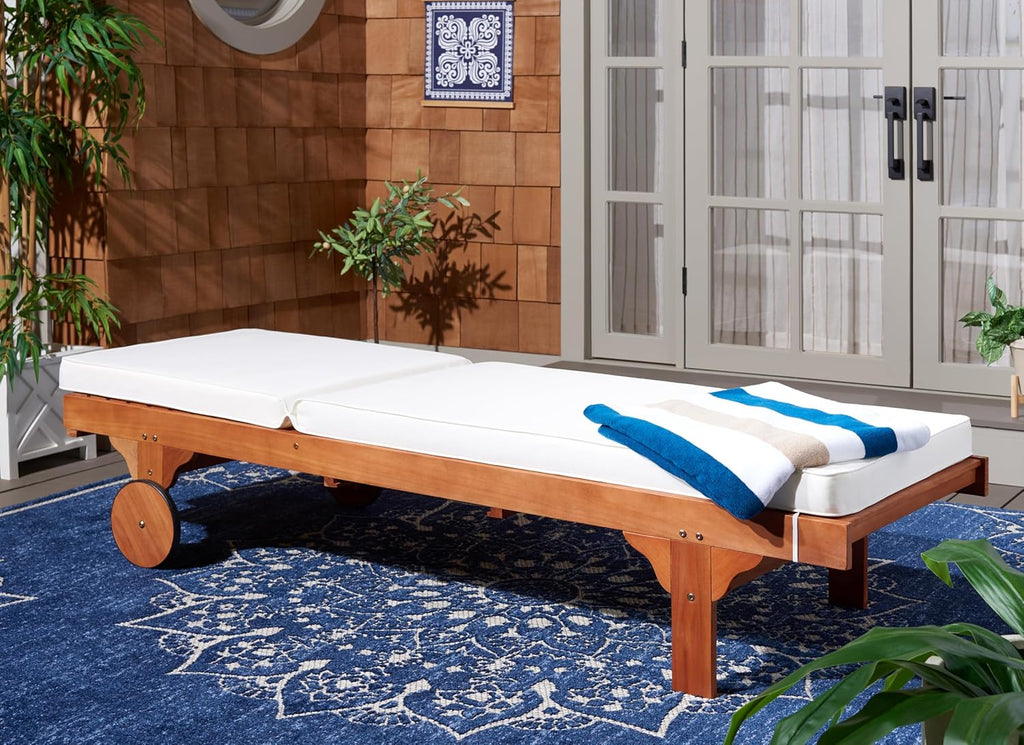 SAFAVIEH Outdoor Collection Newport Natural/ Beige Cushion Built-in Side Table Adjustable Chaise Lounge Chair