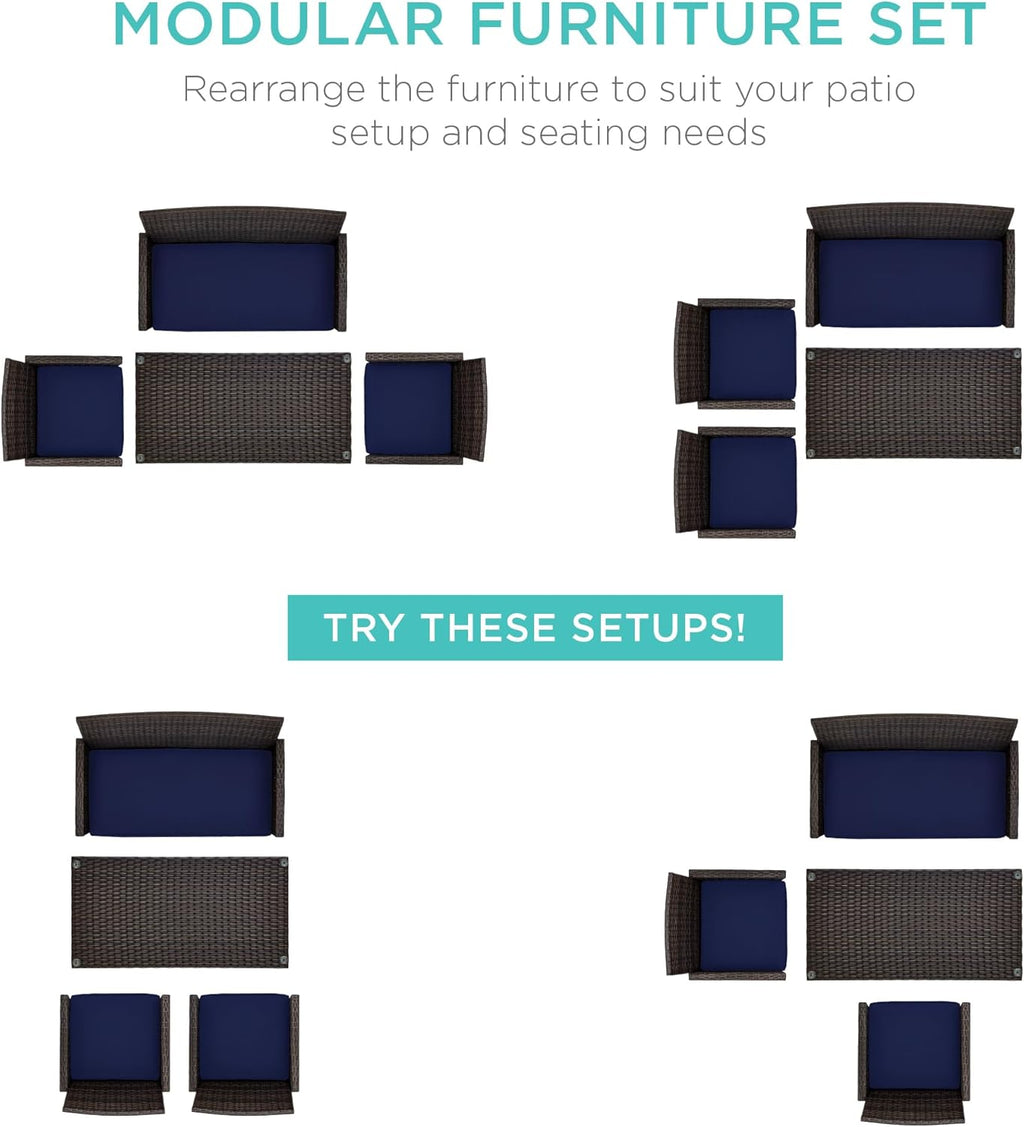Best Choice Products 4-Piece Outdoor Wicker Patio Conversation Furniture Set for Backyard w/Coffee Table, Seat Cushions - Brown/Navy