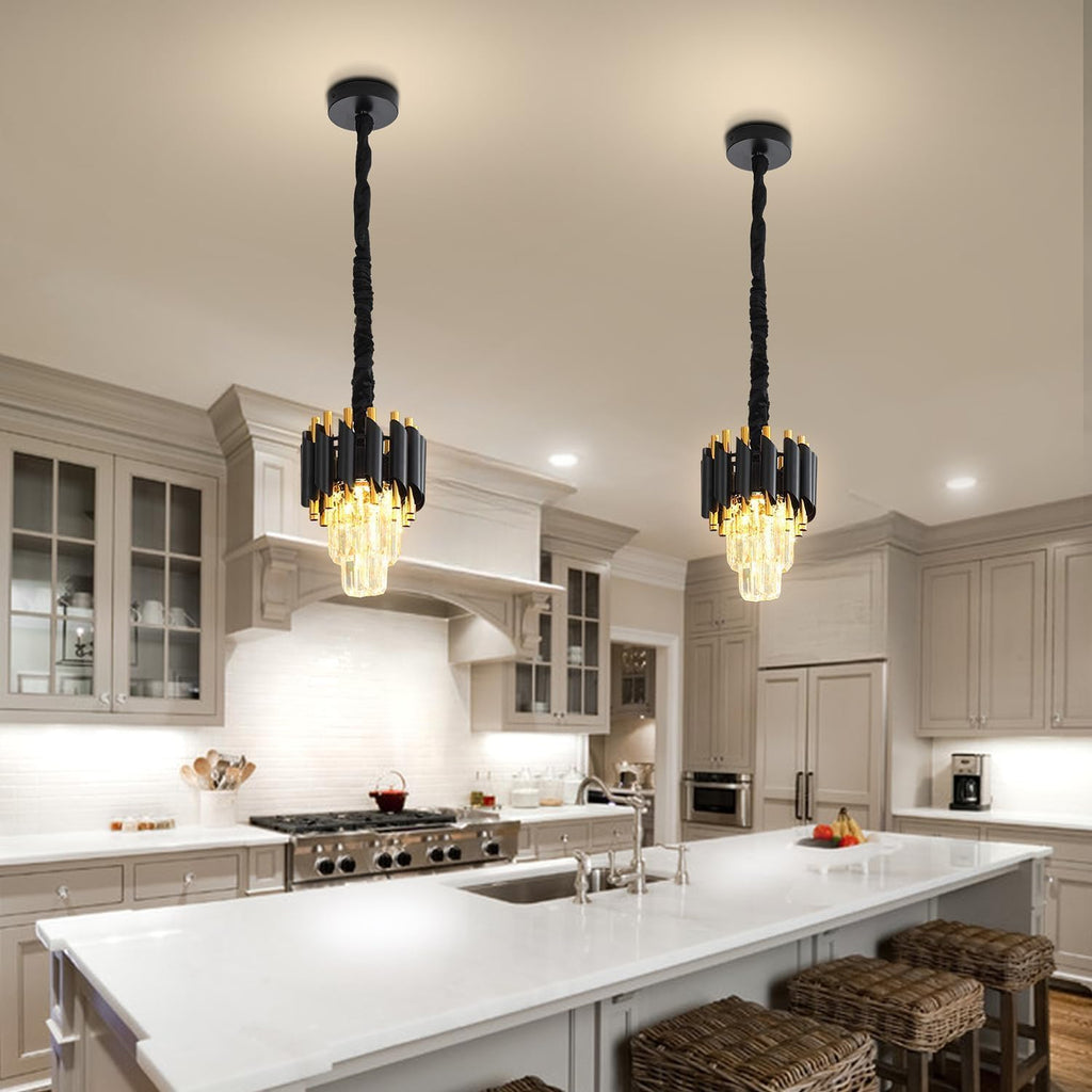 Modern Black Crystal Chandelier 2-Tier Round Pendant Lighting Light Fixture Chandelier for Kitchen Island Entryway Bathroom BedHead Bedroom