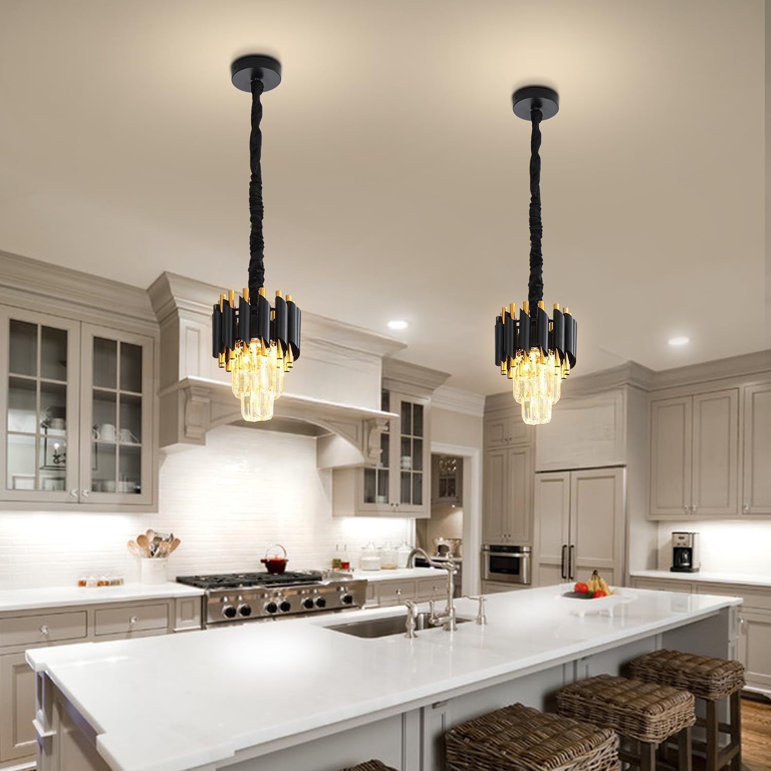 Modern Black Crystal Chandelier 2-Tier Round Pendant Lighting Light Fixture Chandelier for Kitchen Island Entryway Bathroom BedHead Bedroom