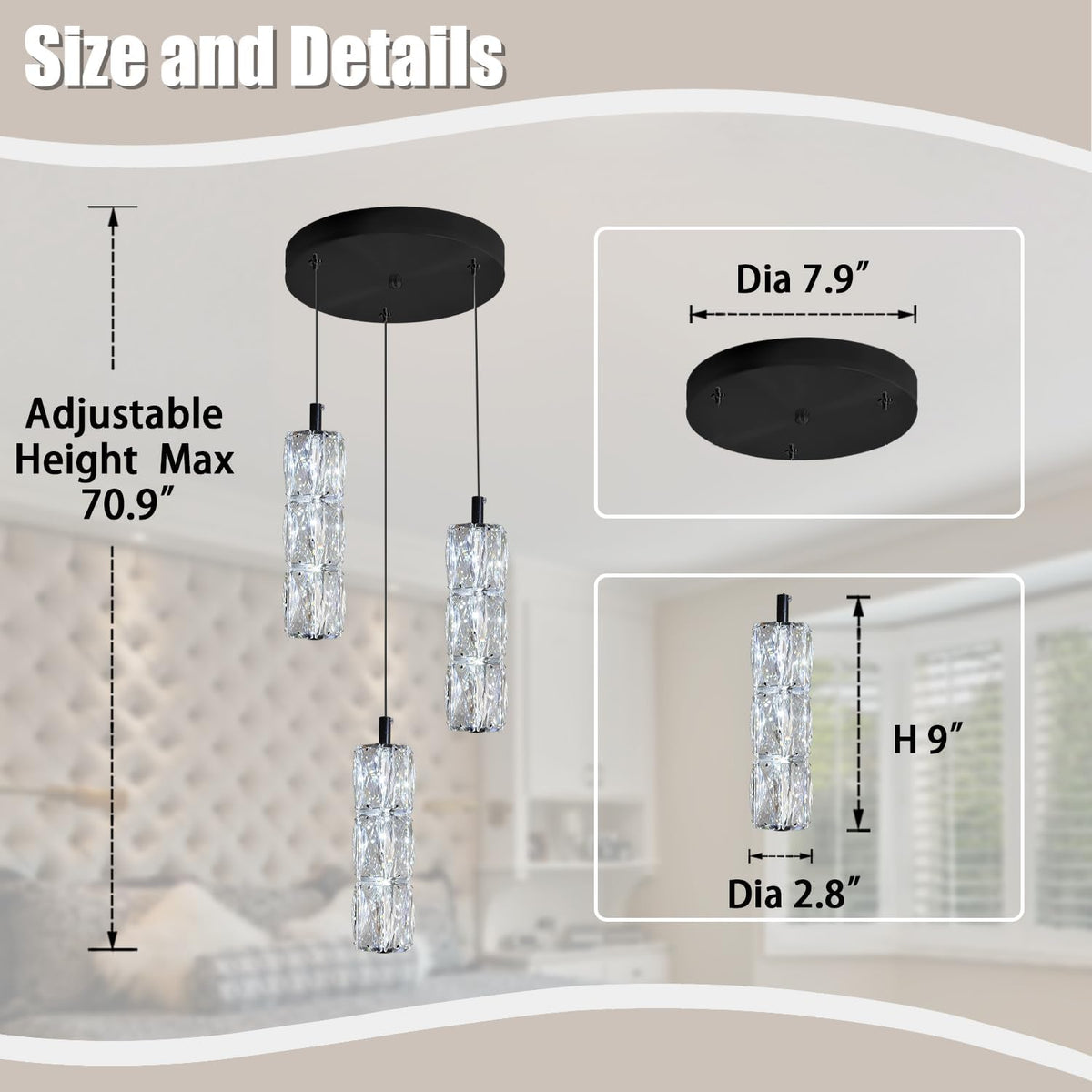 ykolupty Pendant Lights Kitchen Island 3-Lights Pendant Chandelier for Dining Room Hallway Stairwell,LED Dimmable 2700K-6000K