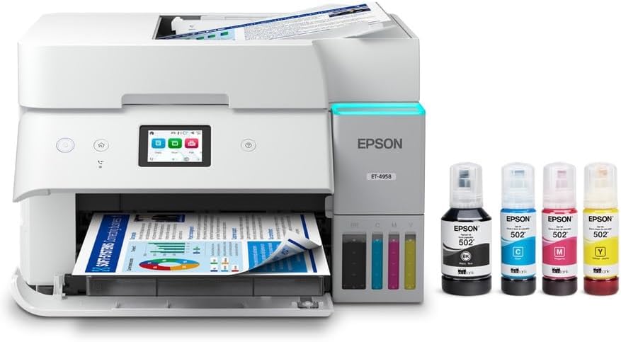 Epson EcoTank ET-4958 Wireless All-in-One Color Supertank Printer, Refillable Tanks, 2.4" Color Touchscreen, Auto Document Feeder, Auto Duplex Print/Copy, Scan, 250-Sheet Paper Tray – White