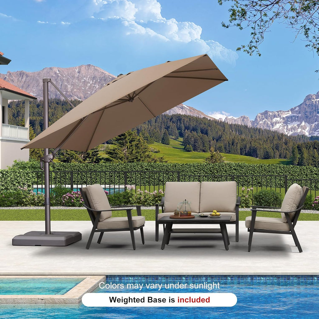 PURPLE LEAF 10' X 10' Patio Cantilever Umbrella with Base Included Antique Bronze Square Outdoor Umbrella with 360° Rotation and Aluminum Offset Hanging for Garden Backyard Pool, Taupe