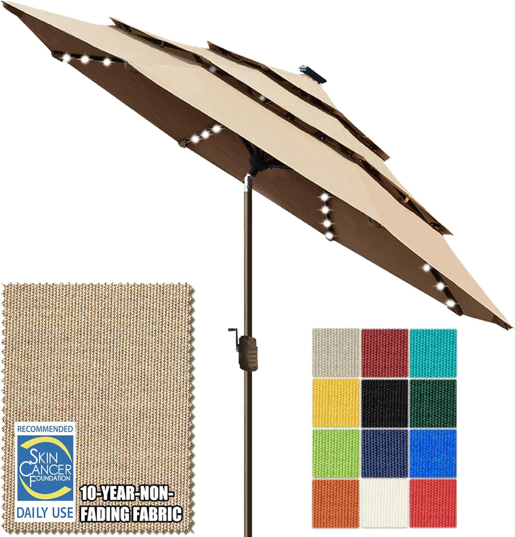 EliteShade USA 10-Year-Non-Fading 10ft 3-Tier Market Patio Umbrella, Commercial Table Umbrella with 80 Solar LED Lights, Crank Open, Windproof & UPF 50+ UV Protection for Garden, Deck, Pool, Backyard, Heather Beige
